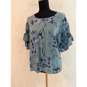 Elena Baldi Italy Floral Ruffle Sleeve Blouse Blue Grey Linen Blend Small